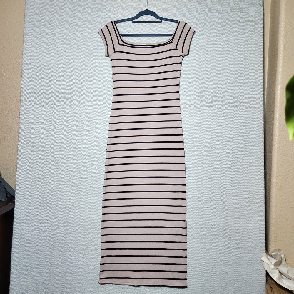 See You Monday SYM Large Striped Pink and Black Maxi Stretchy Sweater Dress